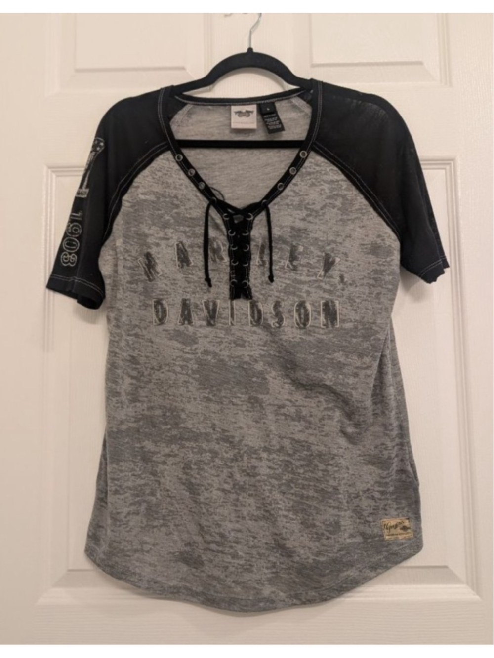 Women's Harley-Davidson Gray Black Short Sleeve Tee Shirt L lace up